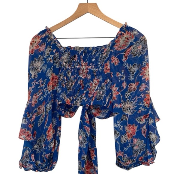 NWOT Misa Los Angeles Ancora Floral Tie Crop Top, Red, White, Blue, Sheer, Small - Picture 3 of 16